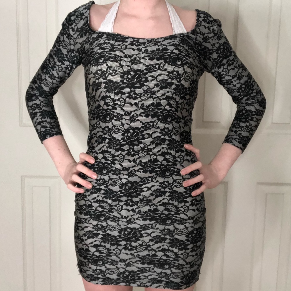 Forever 21 Backless Tight Black Lace Print Dress
